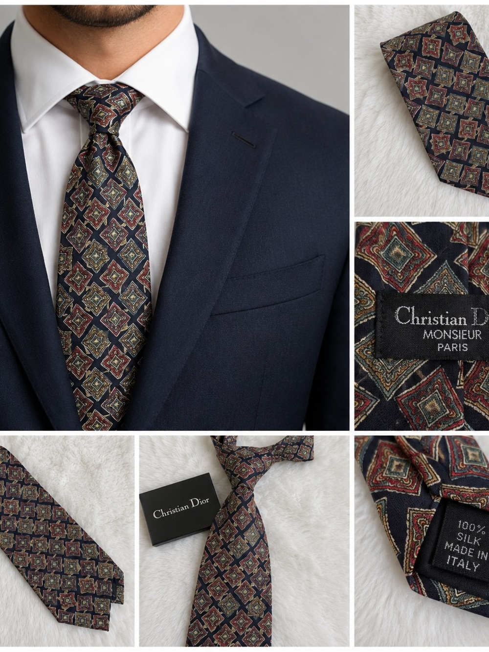 Dior Red and Green Silk Tie Geometric Design